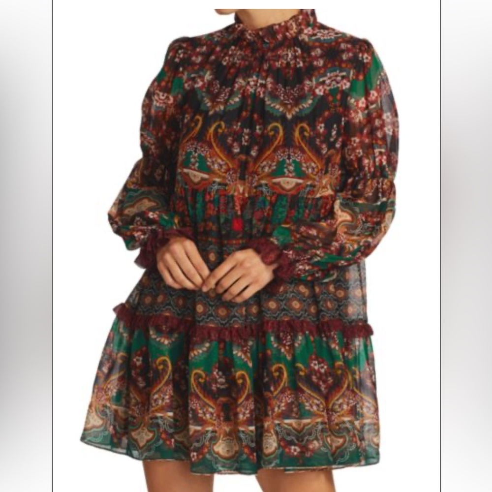 ALICE + OLIVIA MARELLA PRINTED MOCK NECK MINI DRESS STATEMENT SLEEVES SIZE 12